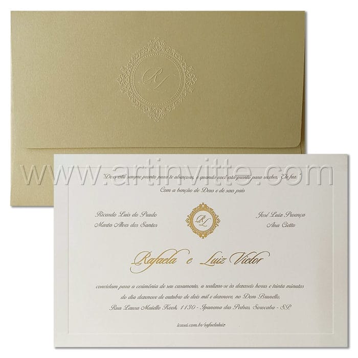 Convite de casamento Branco e Dourado - Modelo Veneza VZ 223- Art Invitte Convites
