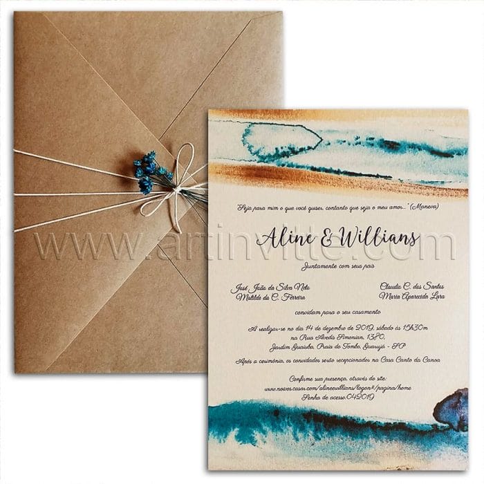 Convite de casamento para casamento praia - Haia HA 102 envelope kraft convite com aquarela