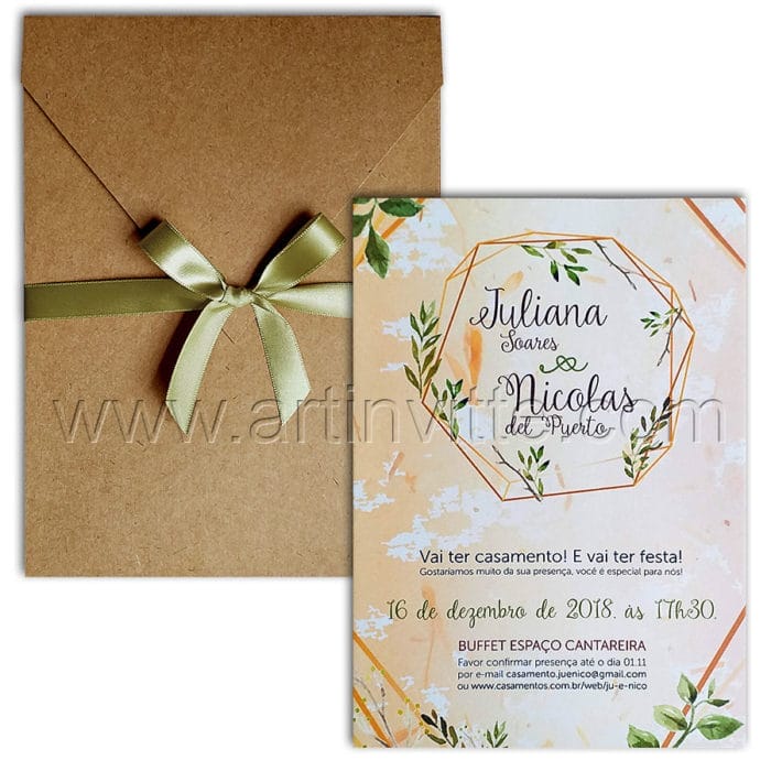 Convite de casamento rústico com Haia HA 105 - com impressão digital e envelope em kraft