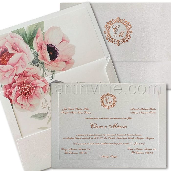 Convite de casamento Romântico com forro floral VZ 231