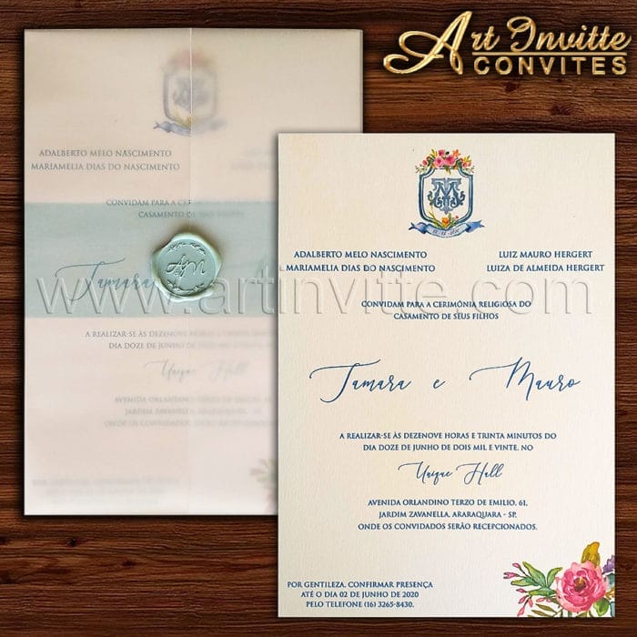 Convite de casamento com brasão aquarelado Haia HA 106