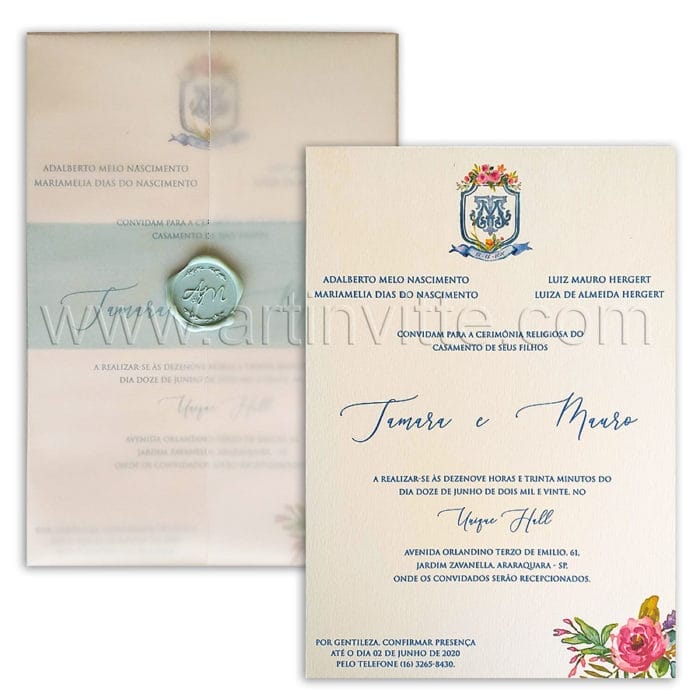 Convite de casamento com brasão aquarelado Haia HA 106