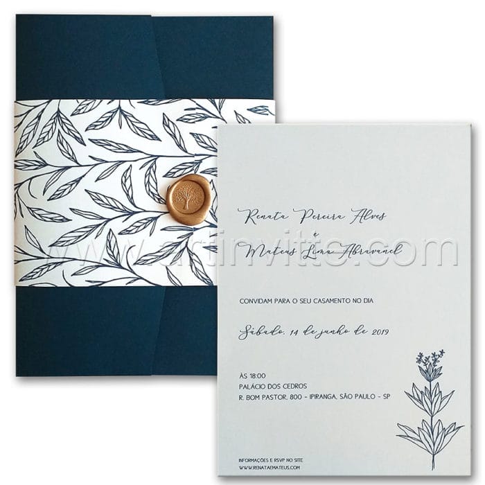 Convite de casamento com ilustração de folhinhas Haia HA 108