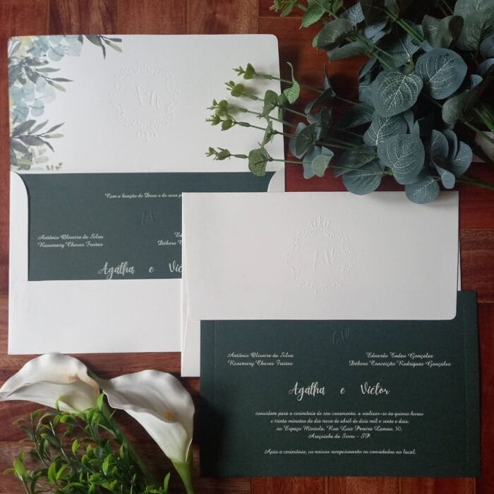 Convite de casamento em papel verde escuro artinvitte