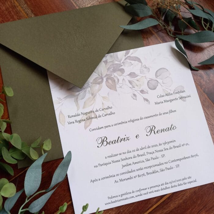 Convite de casamento em papel Markatto Concetto Bianco 500g, com folhagem verde HA 150