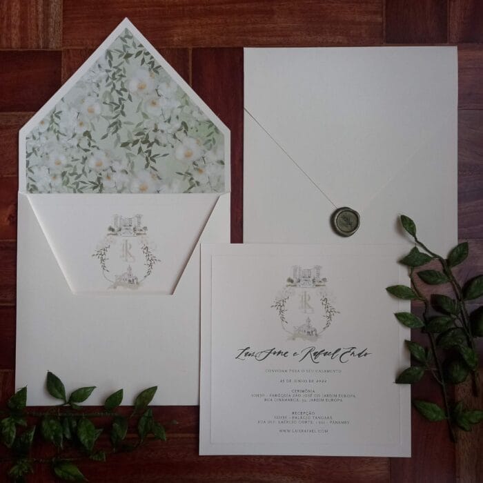 Convite de casamento com forro floral e brasão aquarelado