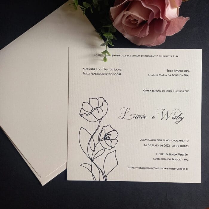 Convite de casamento com flor linear preto artinvitte