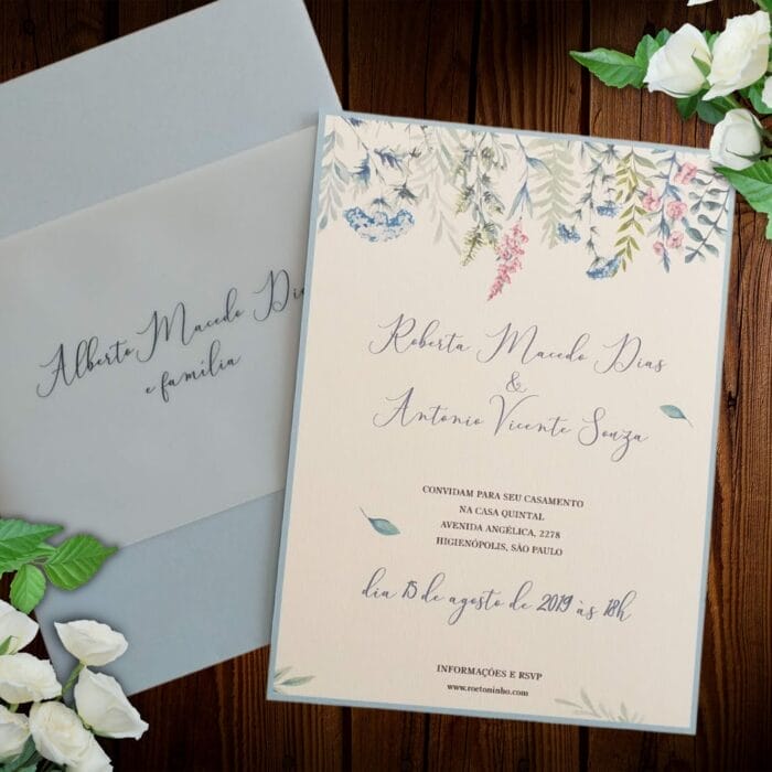 Convite de casamento com aquarela delicada - Haia HA 109 - Art Invitte Convites