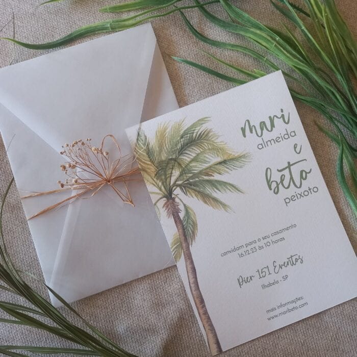 Estilo e tema de convites de casamento 2 Convite de casamento para praia com coqueiro e amarração boho