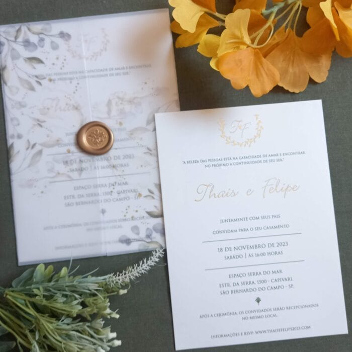 Convite de casamento com envelope em vegetal com folhagem delicada