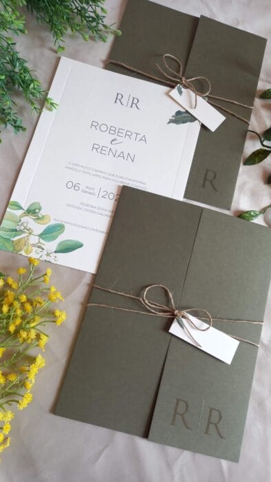 convite de casamento verde oliva com folhages