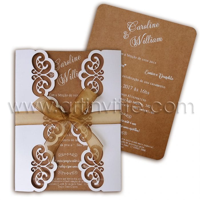 Convite de casamento rústico em papel kraft e corte a laser