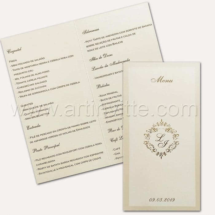 Cardápio para casamento e 15 anos - Card 014 - Clássico em Pérola e Dourado - Art Invitte Convites