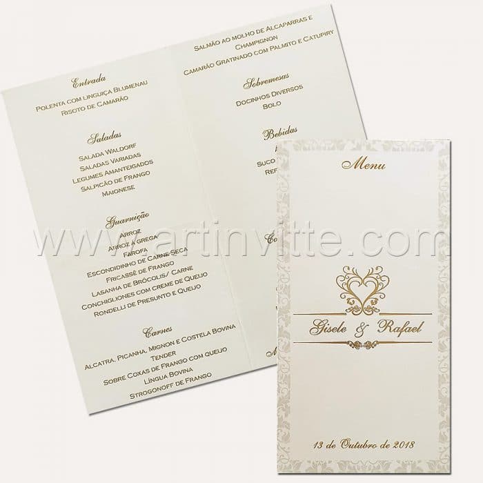 Cardápio para casamento e 15 anos - Card 015 - Adamascado e Hot Stamping Dourado - Art Invitte Convites