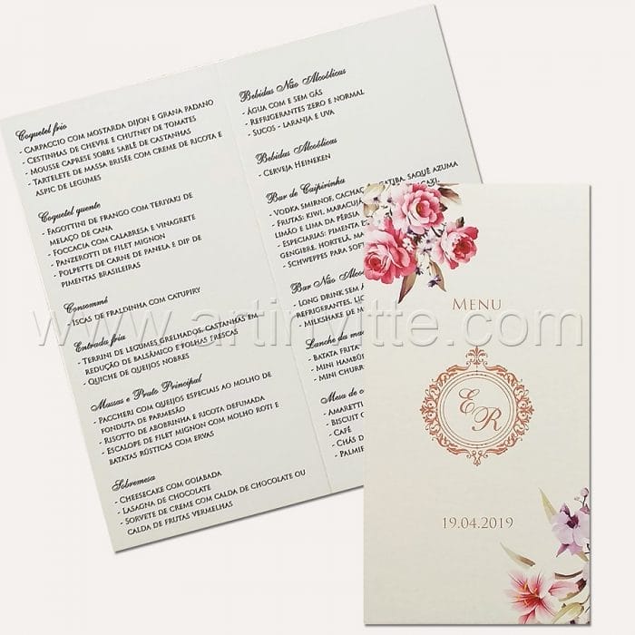 Cardápio para casamento e 15 anos - Card 016 - Rosas, rosê e azul marinho - Art Invitte Convites
