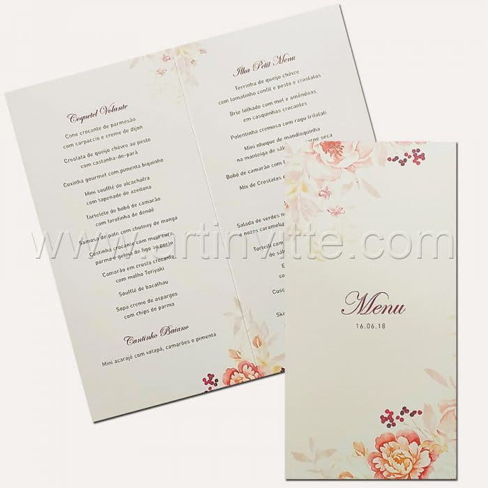 Cardápio para casamento e 15 anos - Card 017 - Floral - Art Invitte Convites