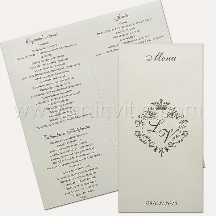 Cardápio para casamento e 15 anos - Card 019 - Branco e Prata com brasão - Art Invitte Convites
