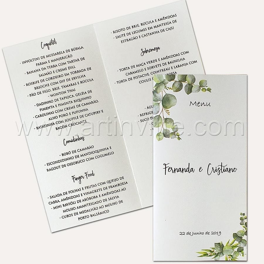 Cardápio para casamento e 15 anos - Card 022 - Folhagem - Art Invitte Convites