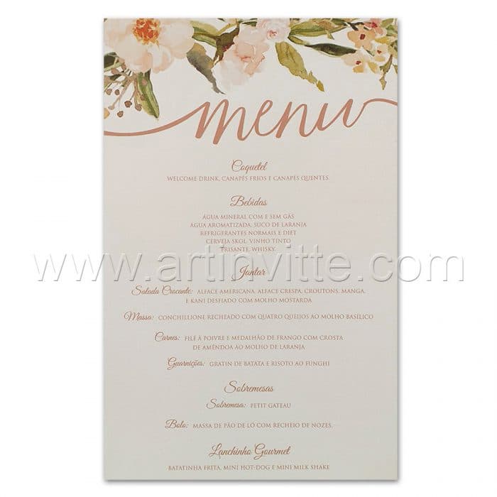 Cardápio para casamento e 15 anos - Card 028 - Floral delicado rosê - Art Invitte Convites