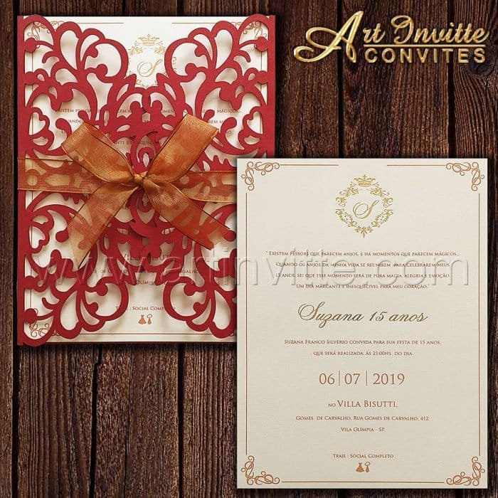Convite de 15 anos - CDL 004 - Corte a laser Vermelho e brasão dourado - Art Invitte Convites