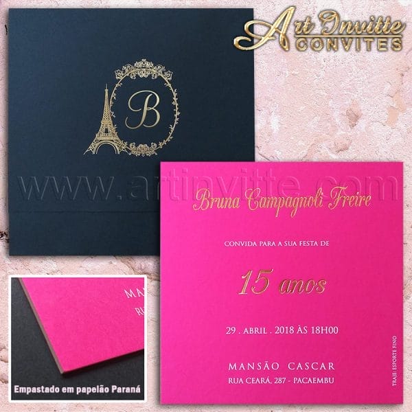 Convite de 15 anos em Pink, Preto e Dourado - Deb 048 - convite diferente