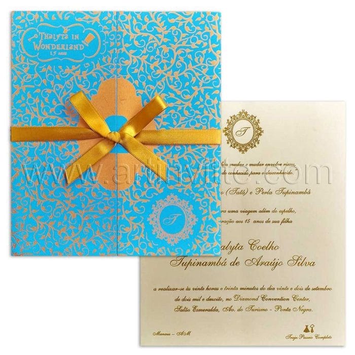 Convite de 15 anos azul e dourado - DEB 050 - Alice no País das Maravilhas - Art Invitte Convites