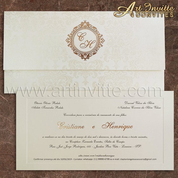 Convite de casamento Clássico - Carteira CT 021 - Off-white e Rosê - Art Invitte Convites