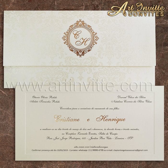 Convite de casamento Romântico Carteira CT 021 1 Convite de casamento Clássico - Carteira CT 021 - Off-white e Rosê - Art Invitte Convites