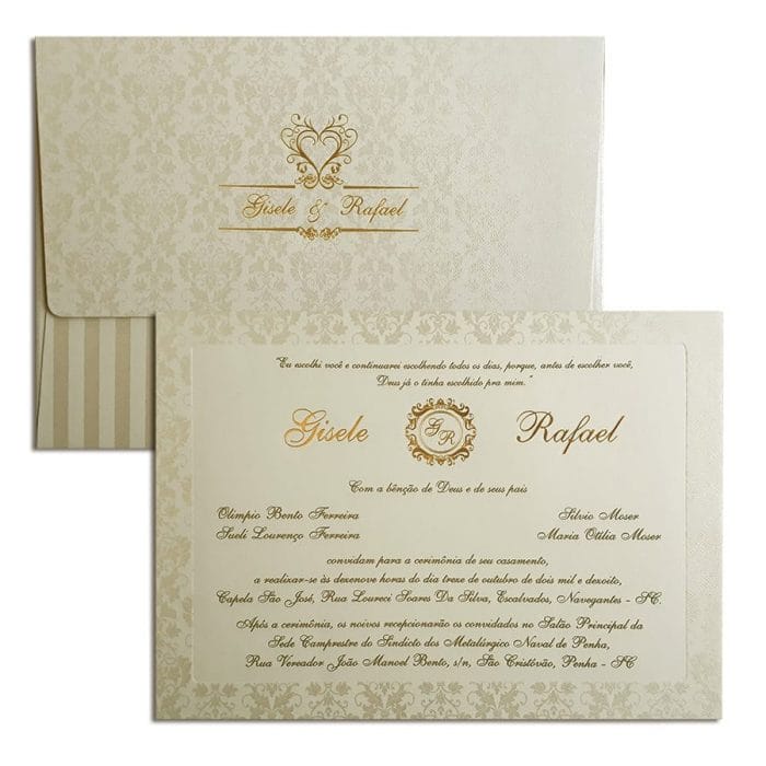 Convite de casamento clássico Veneza VZ 126 - Pérola e Dourado