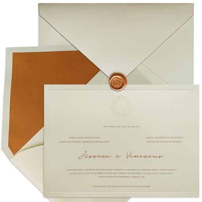 Convite de casamento Clássico - Veneza VZ 133 - Rose e cobre com forro e lacre