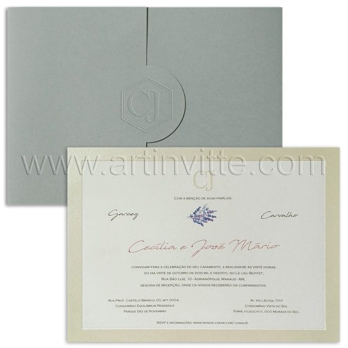 Convite de casamento Tradicional Floral - Veneza VZ 142 - Cinza e lilás