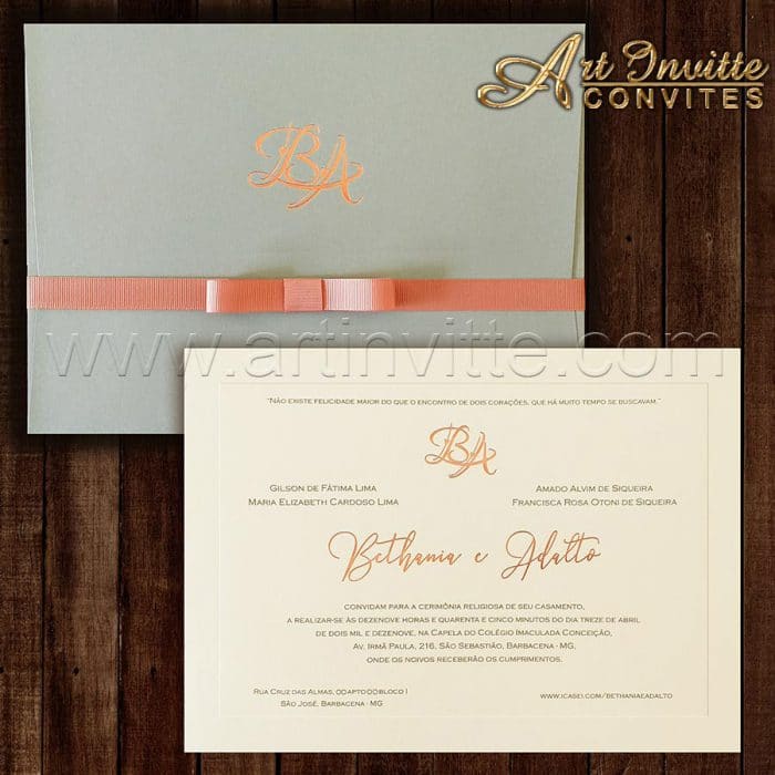 Convite de casamento Clássico - Veneza VZ 148 - Rose e cinza - Art Invitte Convites