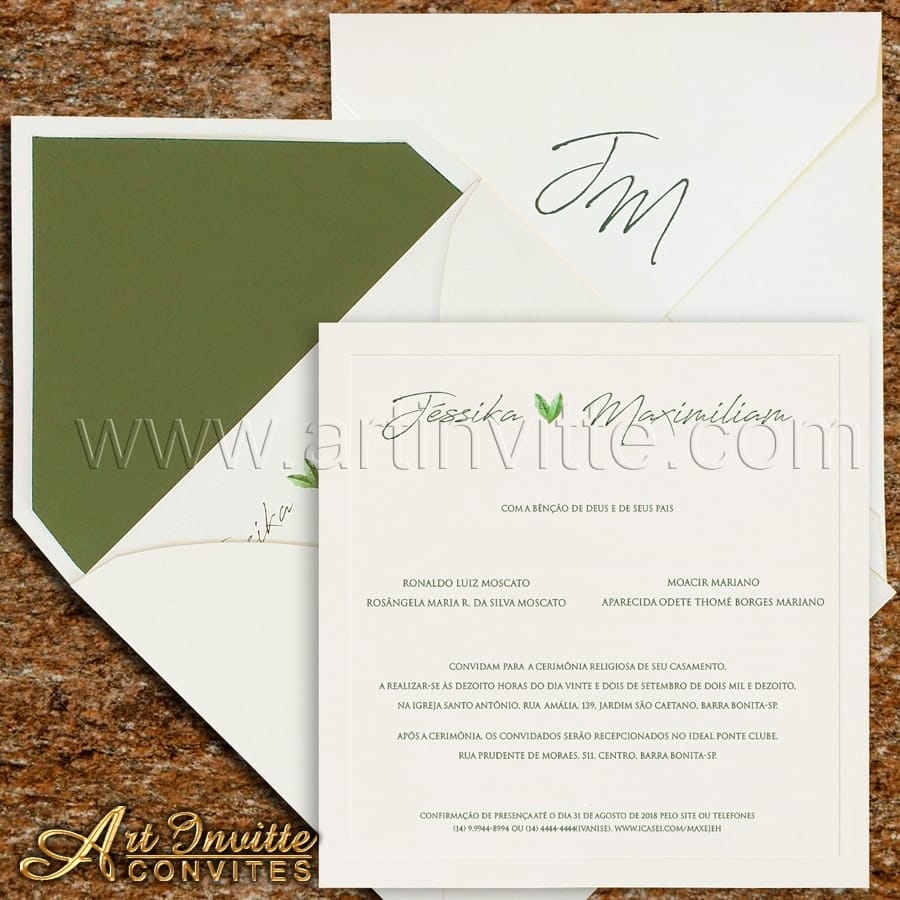 Convite de casamento Clássico - Veneza VZ 147 - Branco e Verde - Art Invitte Convites