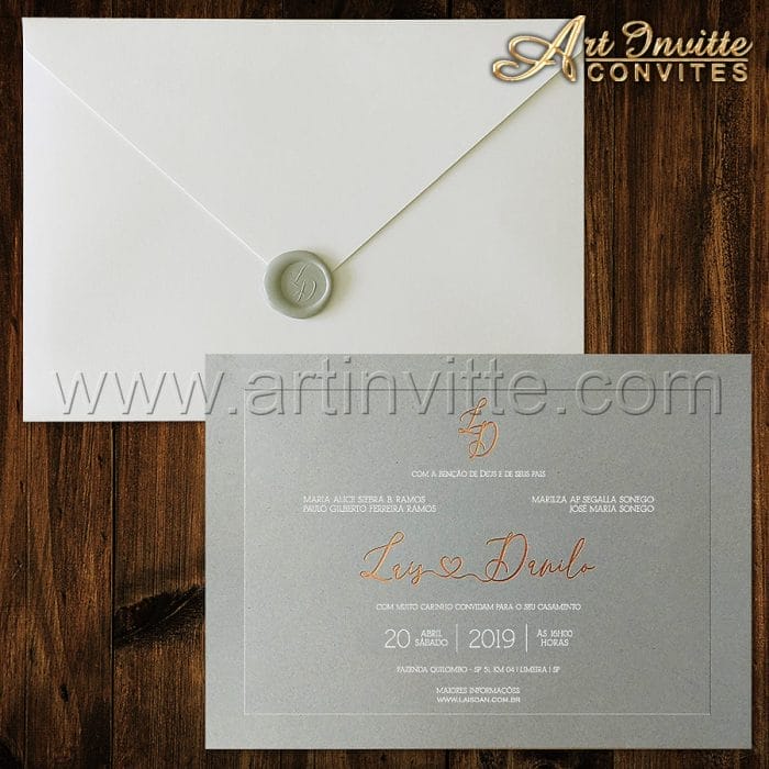 Convite de casamento Clássico - Veneza 150 - Rose e cinza - Art Invitte Convites
