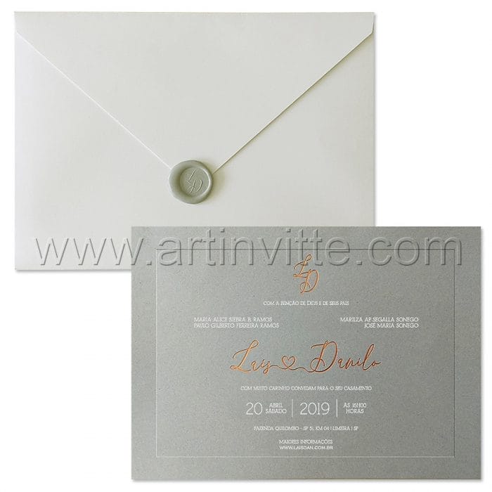 Convite de casamento Clássico - Veneza 150 - Rose e cinza - Art Invitte Convites