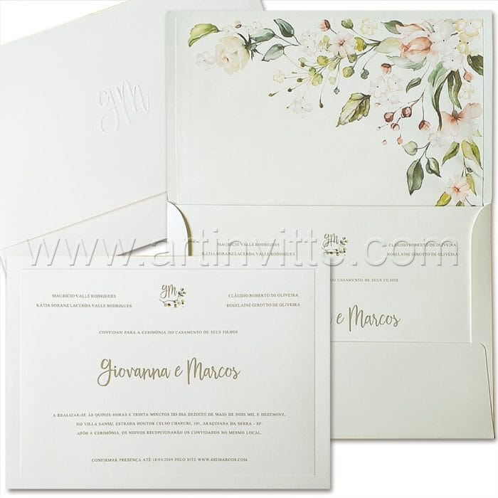 Convite de casamento Tradicional - Veneza VZ 159 - Clássico Floral - Art Invitte Convites