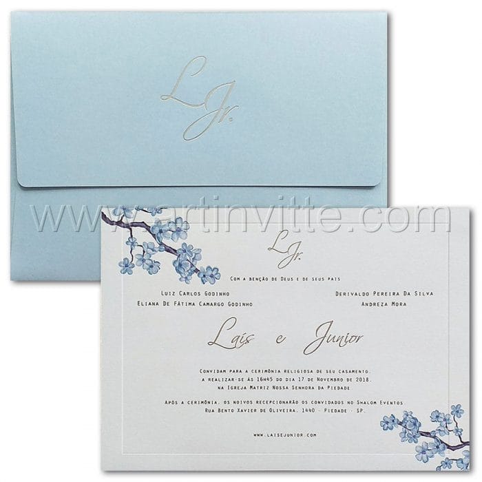 Convite de casamento Floral - Veneza VZ 187 - Azul e Branco - Art Invitte Convites