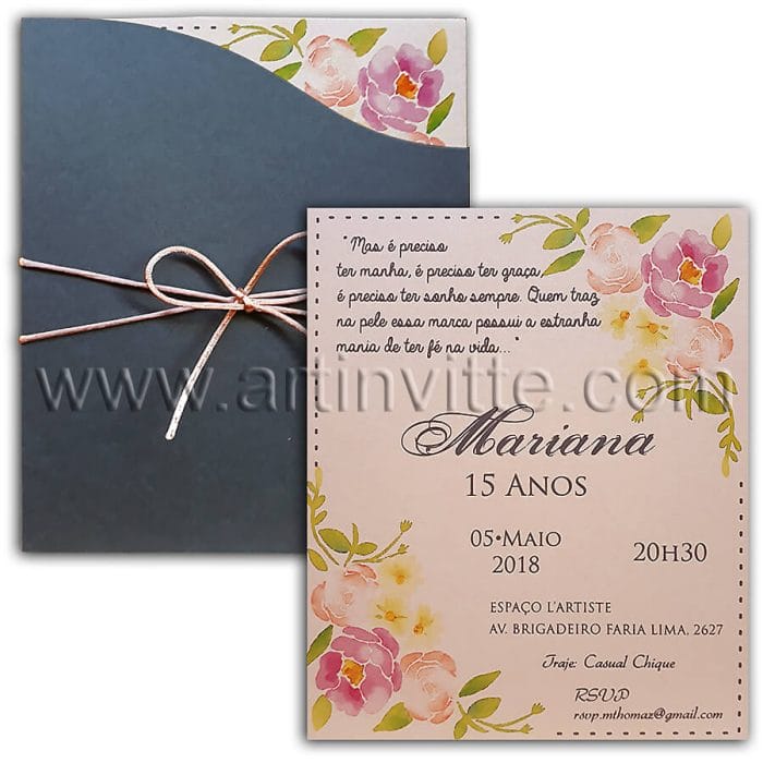 Convite de 15 anos floral com cinza DIF 009