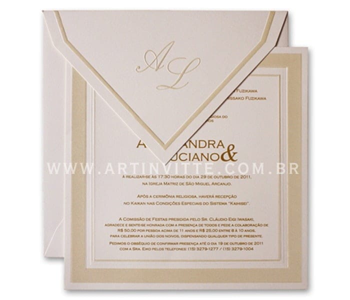 Convite de casamento quadrado com moldura em dourado Milão ML 001