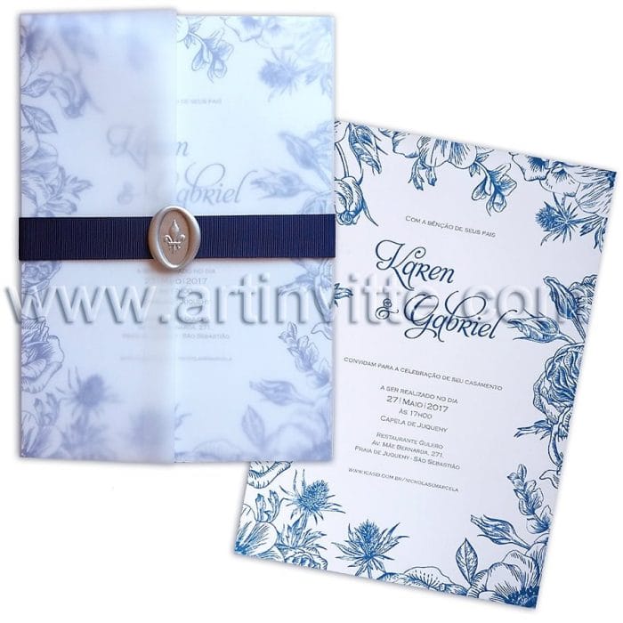 Convite de Casamento Floral azul com Vegetal Azul
