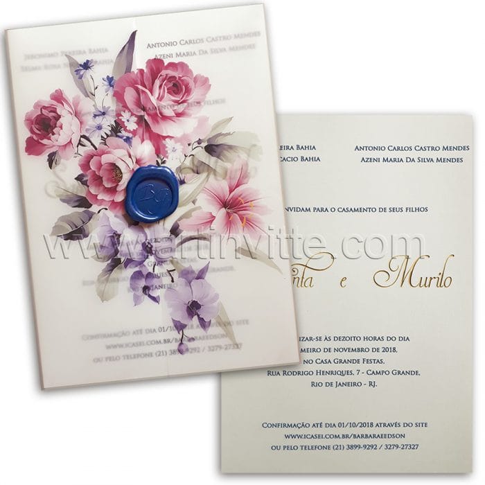 25 convites com lacre para você se inspirar 23 Convite de casamento Floral em Vegetal Haia HA 047