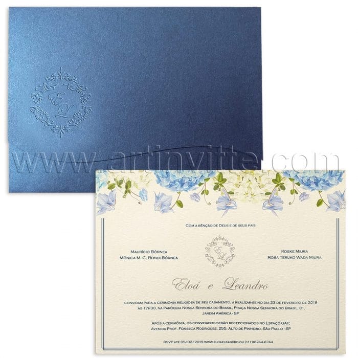 Convite de casamento Floral - Haia HA 050 - Hortênsias e Azul Me