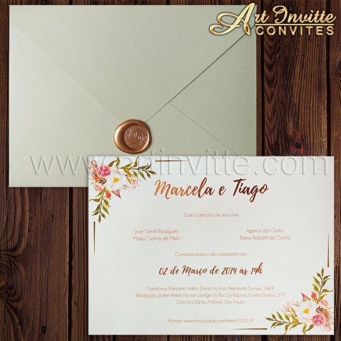 Convite de casamento floral rosê - HA 051 - Art Invitte Convites