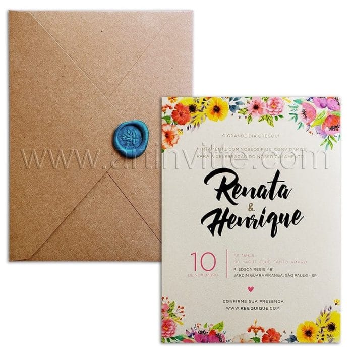 Convite de casamento Rustico - Haia HA 054 - Floral com Kraft e Lacre - Art Invitte Convites - convites rústicos