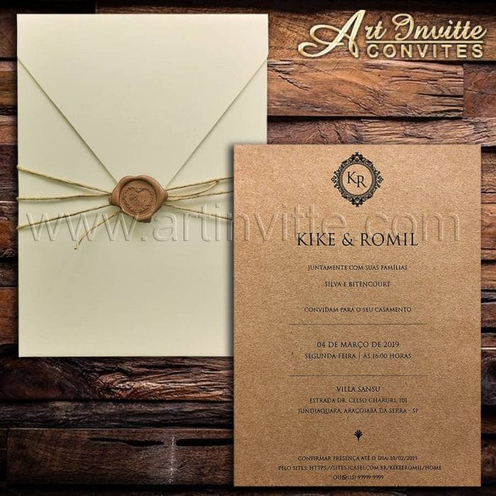 Convite de casamento Rústico Chic - Haia HA 055 - Kraft, sisal e lacre - Art Invitte Convites