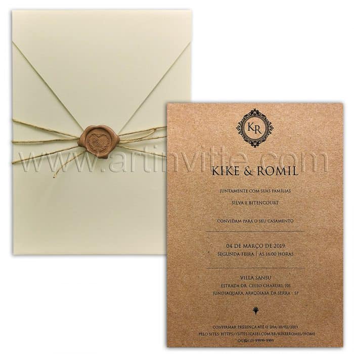 Convite de casamento Rústico Chic - Haia HA 055 - Kraft, sisal e lacre - Art Invitte Convites
