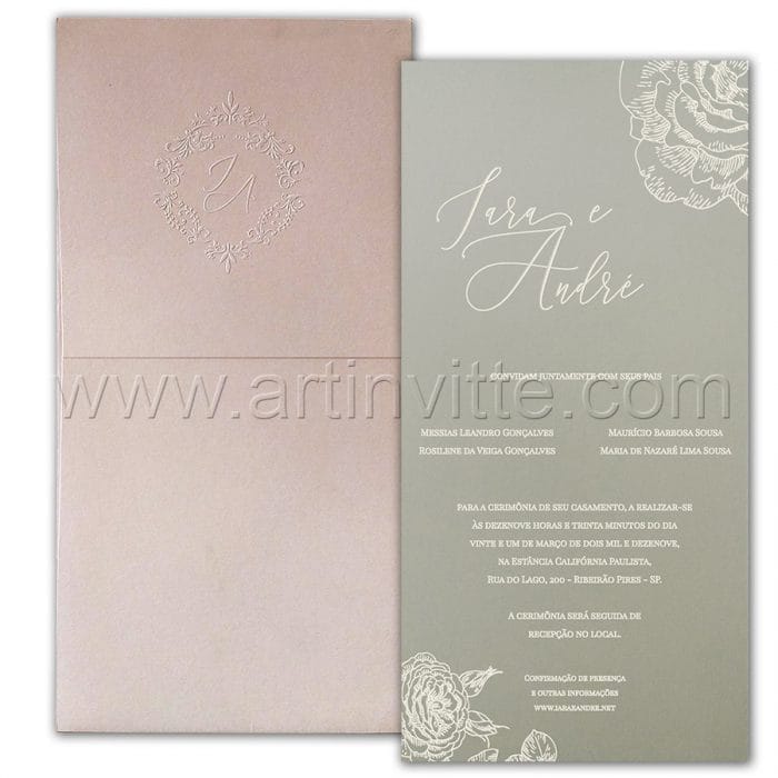 Convite de casamento Romântico - Haia HA 056 - Rosê com Cinza - Art Invitte Convites