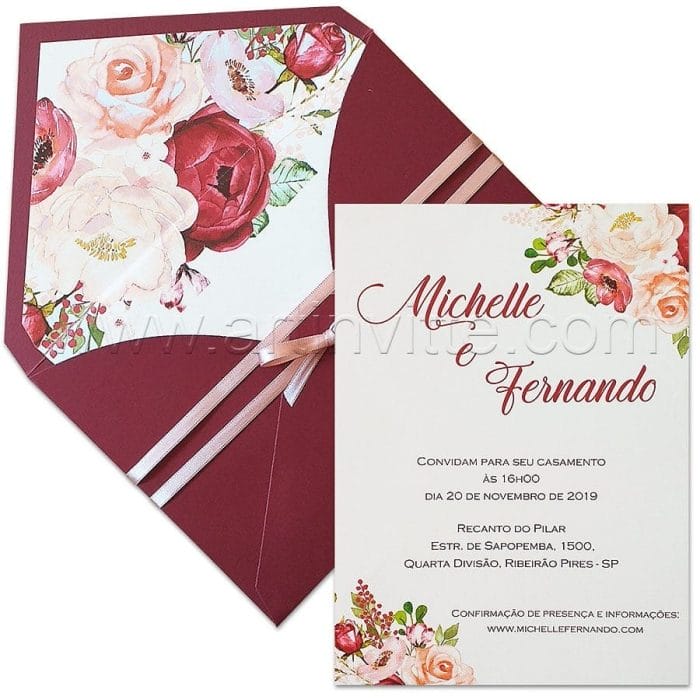 Convite de casamento Floral Haia HA 057 - Marsala e Offwhite - Art Invitte Convites