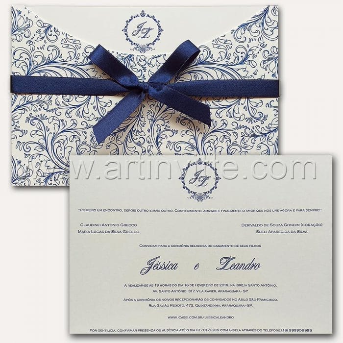 Convite de casamento Estampado - Haia HA 065 - Azul e OffWhite - Art Invitte Convites