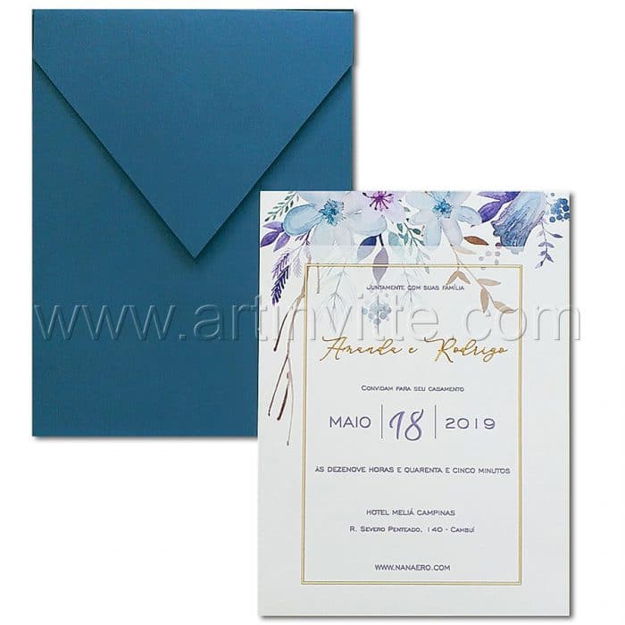 Convite de casamento Floral - Haia HA 067 - Azul e Dourado - Art Invitte Convites